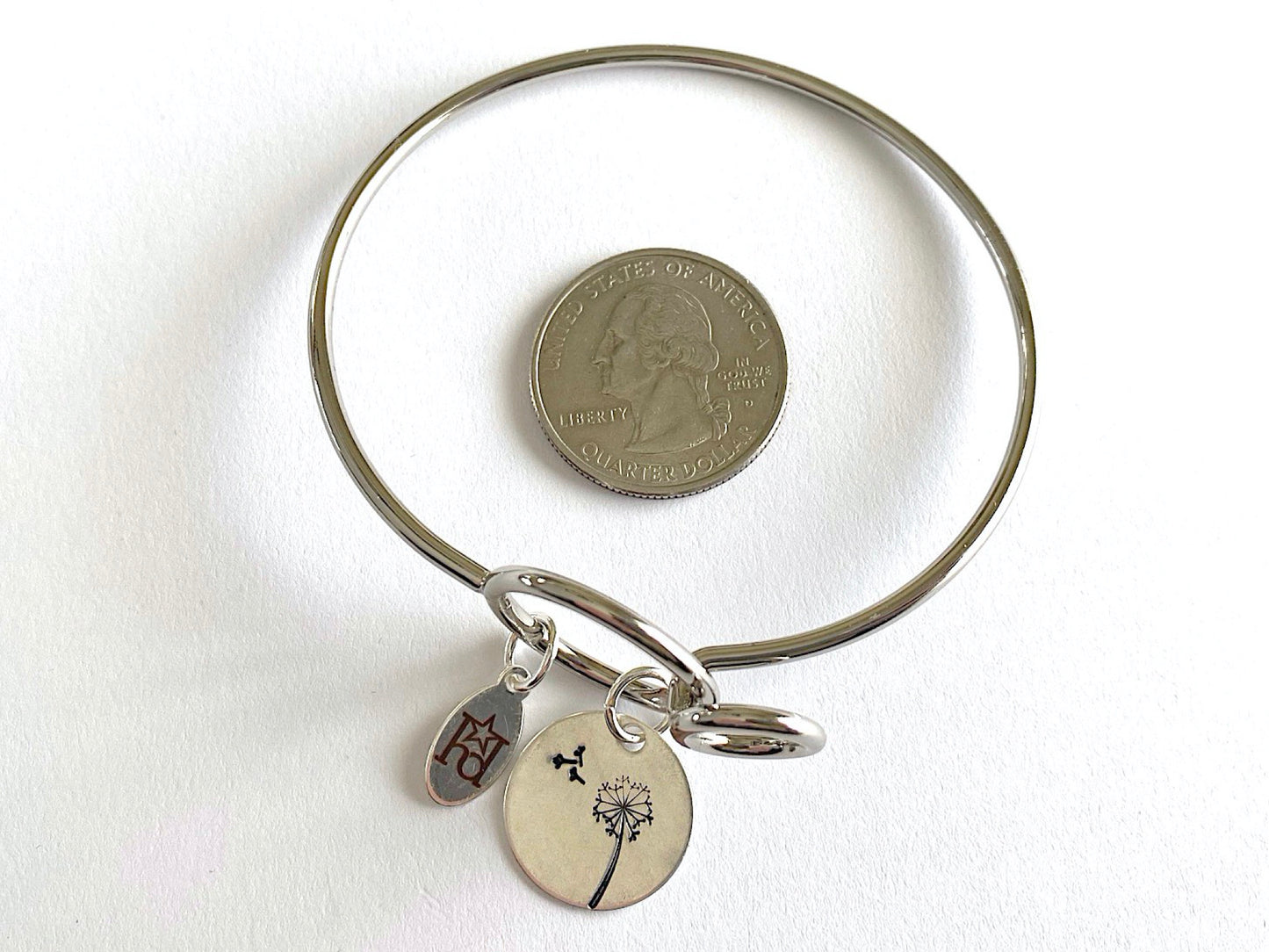 Dandelion Silver Bangle Bracelet with Custom Name