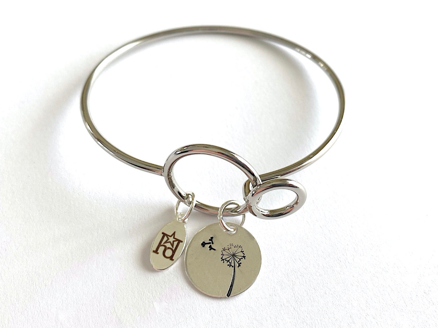 Dandelion Silver Bangle Bracelet with Custom Name