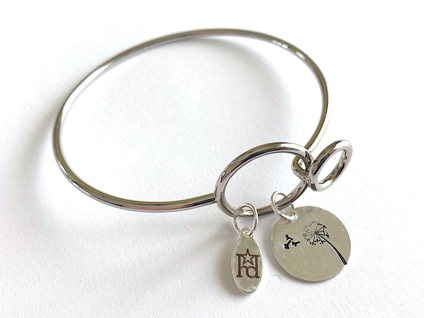 Dandelion Silver Bangle Bracelet with Custom Name
