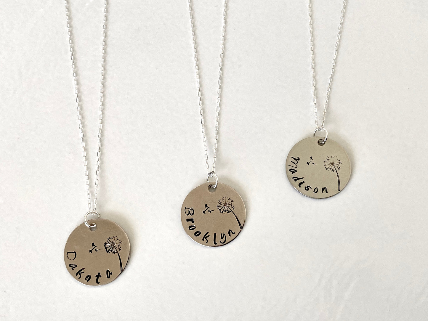 Dandelion Round Silver Pendant Necklace with Custom Name