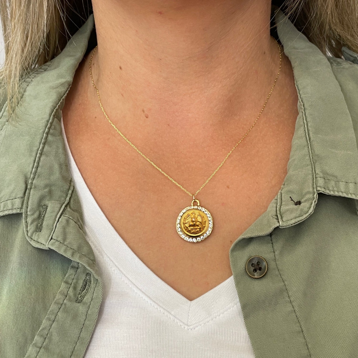 Legacy Collection | Button Necklace Small Rhinestone Gold Pendant