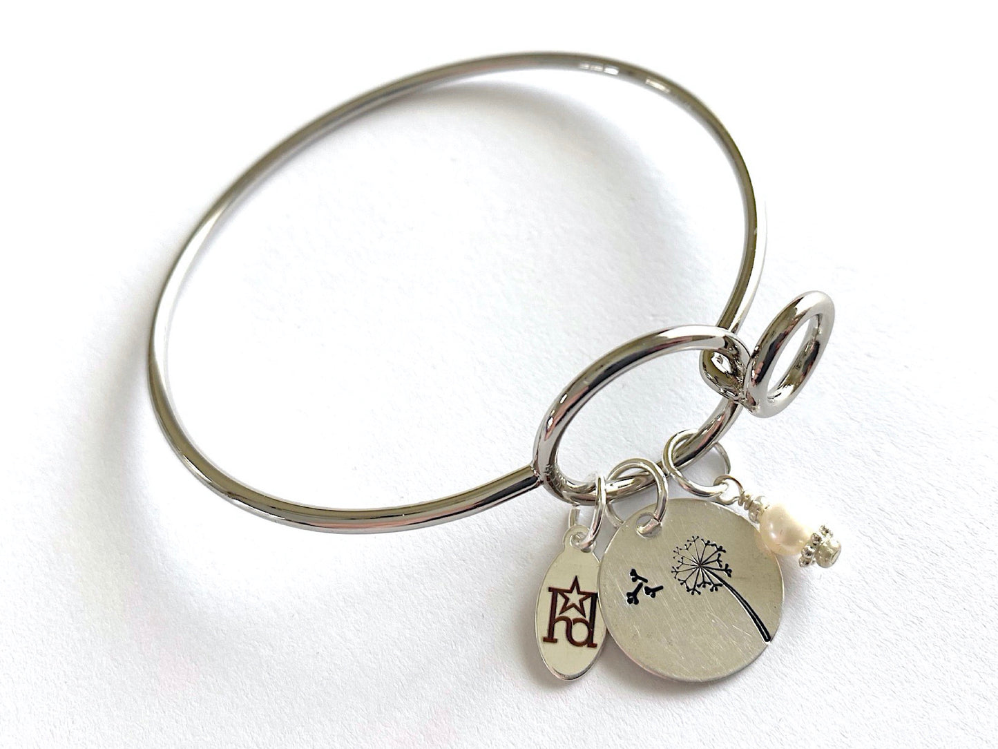 Dandelion Silver Bangle Bracelet with Custom Name