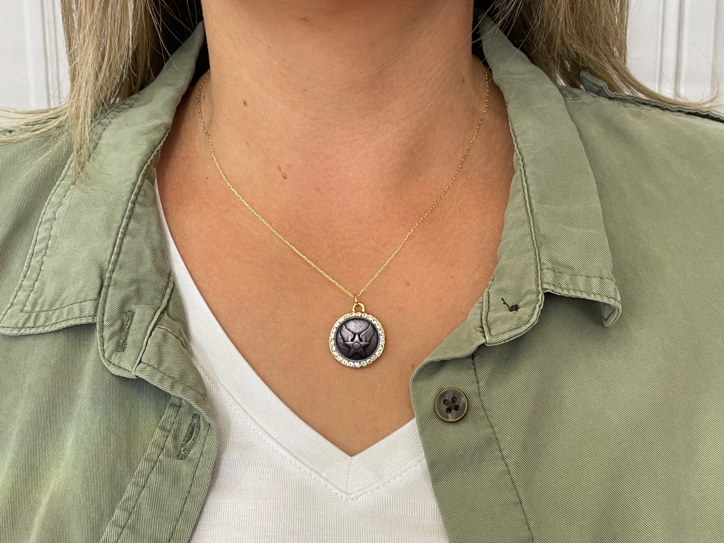 Air Force Button Necklace Small Rhinestone Gold Pendant