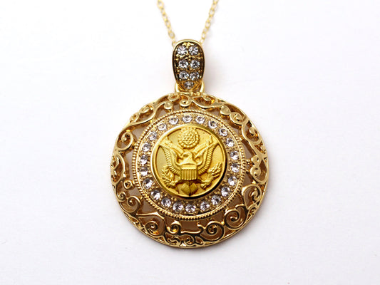 Army Button Necklace - Large Gold Rhinestone Pendant
