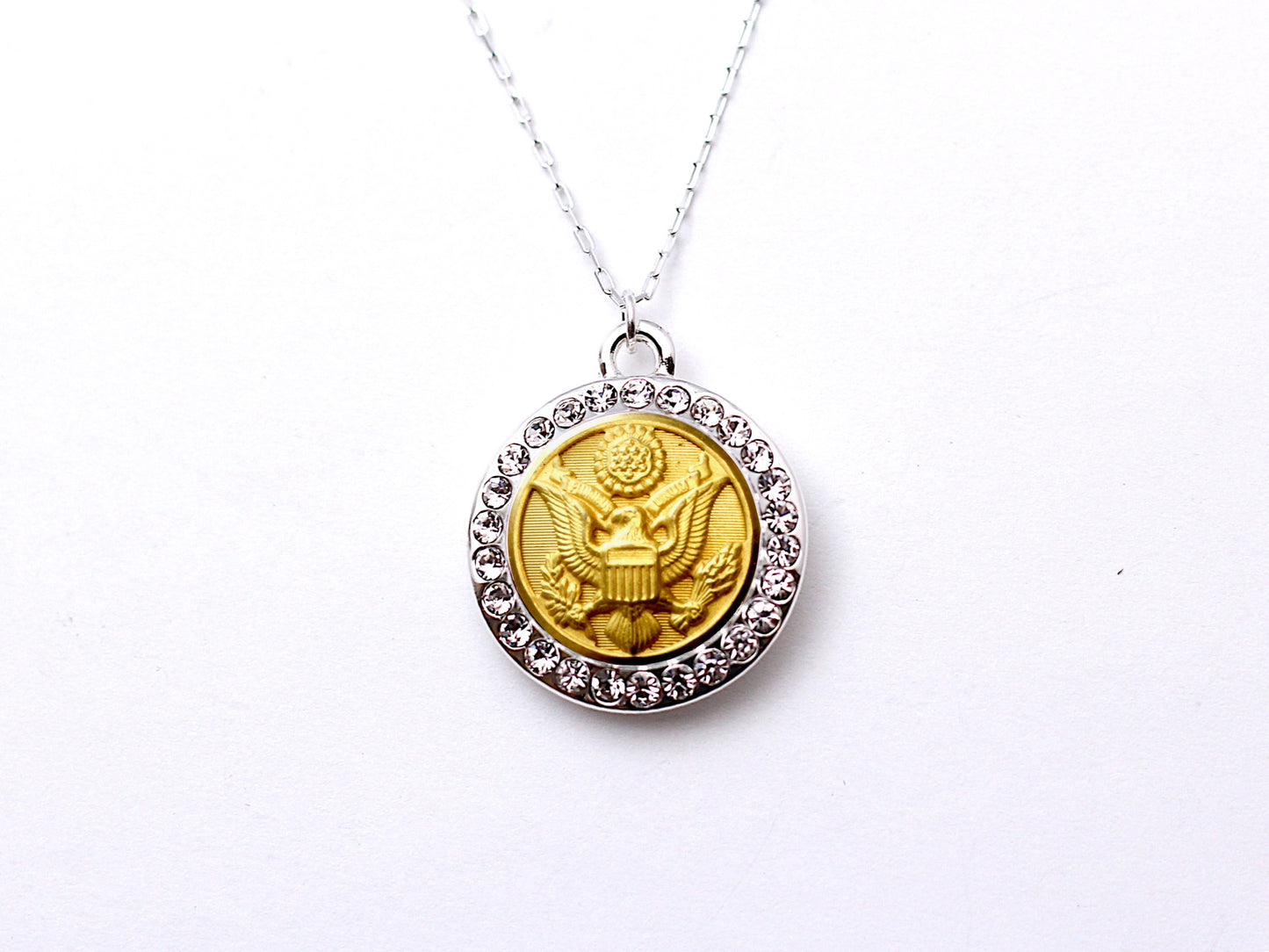 Army Button Necklace - Small Rhinestone Silver Pendant