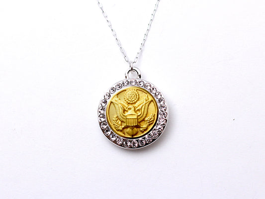 Army Button Necklace - Small Rhinestone Silver Pendant