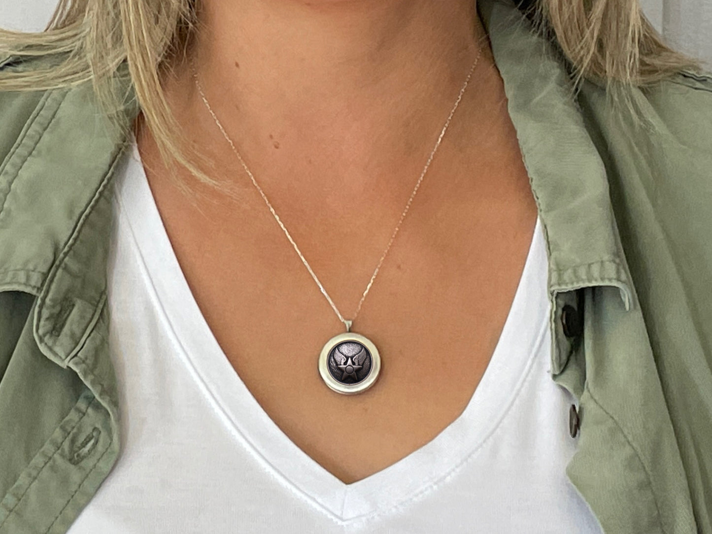 Air Force Button Silver Locket Necklace