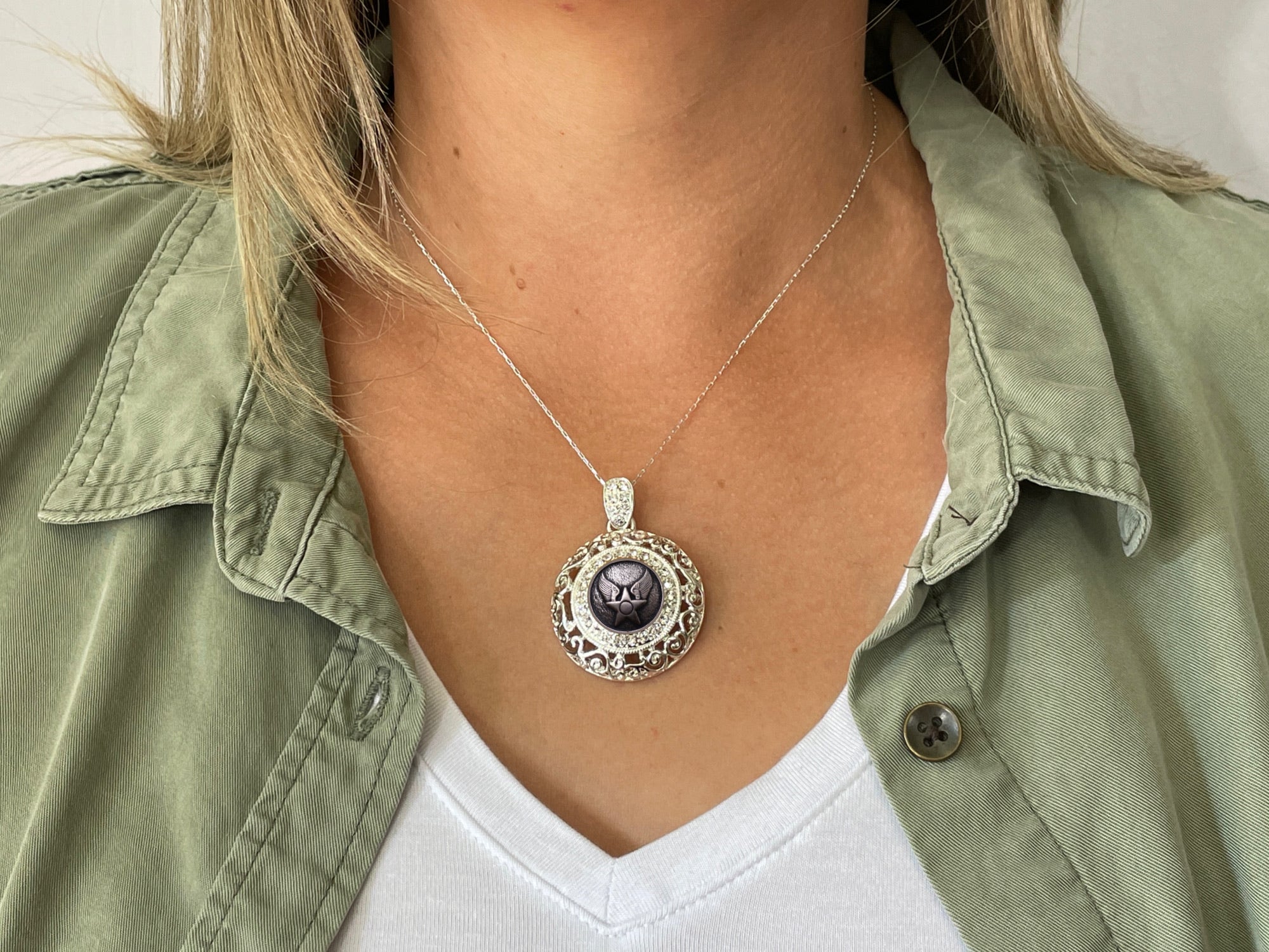 Air Force Button Necklace - Large Silver Rhinestone Pendant