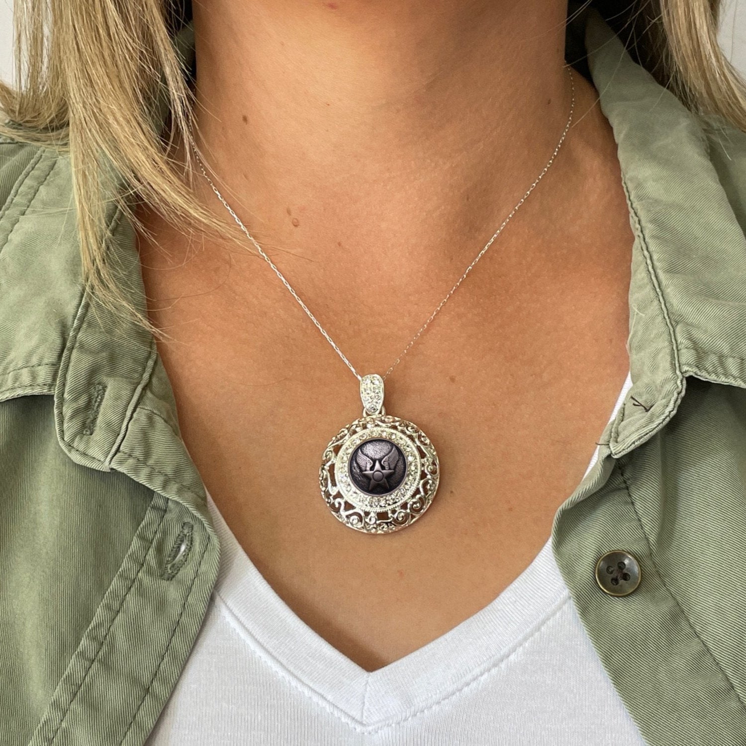 Legacy Collection | Button Necklace - Large Silver Rhinestone Pendant