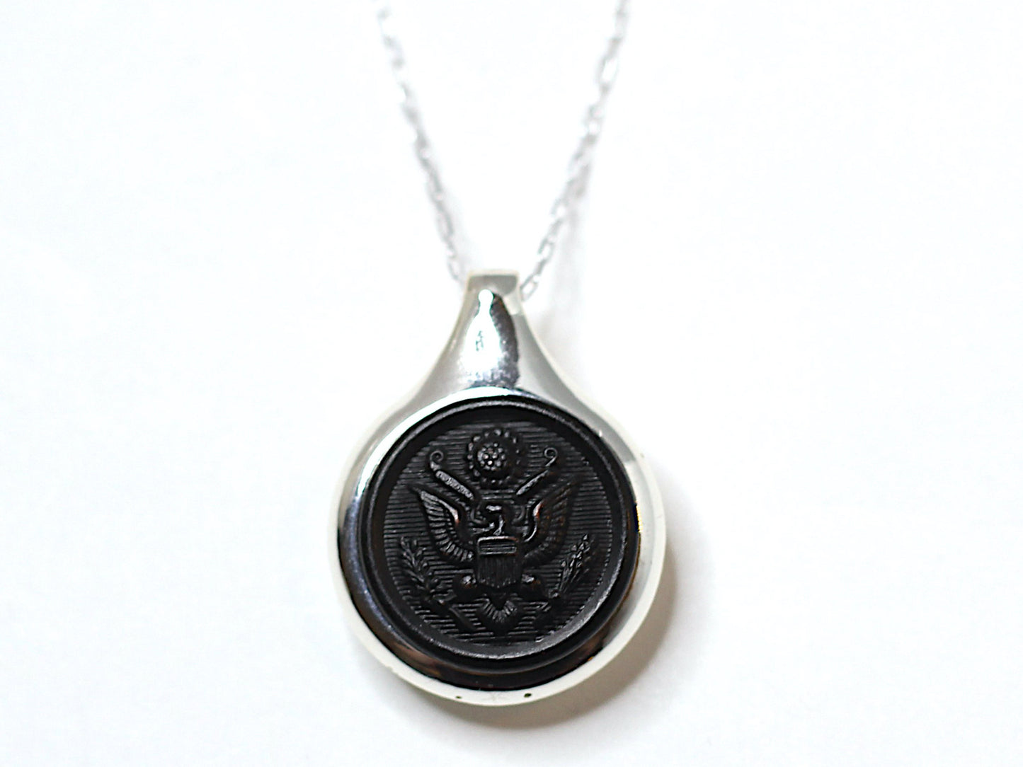 WWI US Army Button on Sleek Silver Setting Necklace