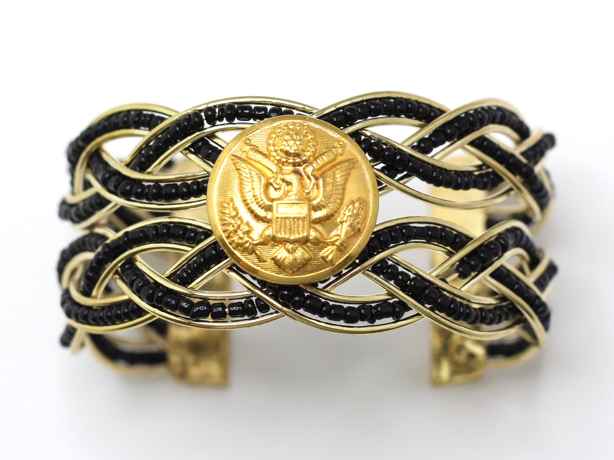 Military Button Black Seed Bead Cuff Bracelet