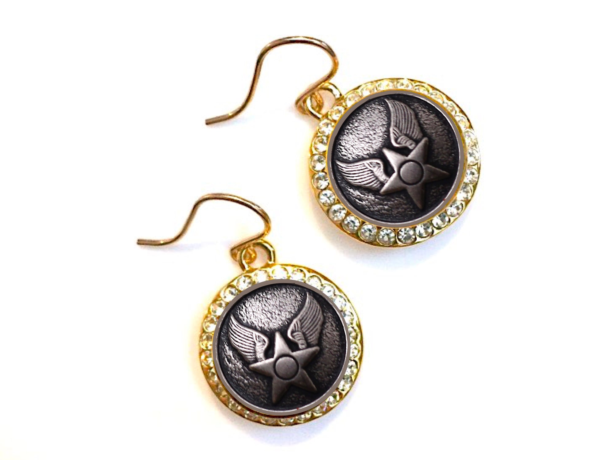 Air Force Button Small Rhinestone Earrings