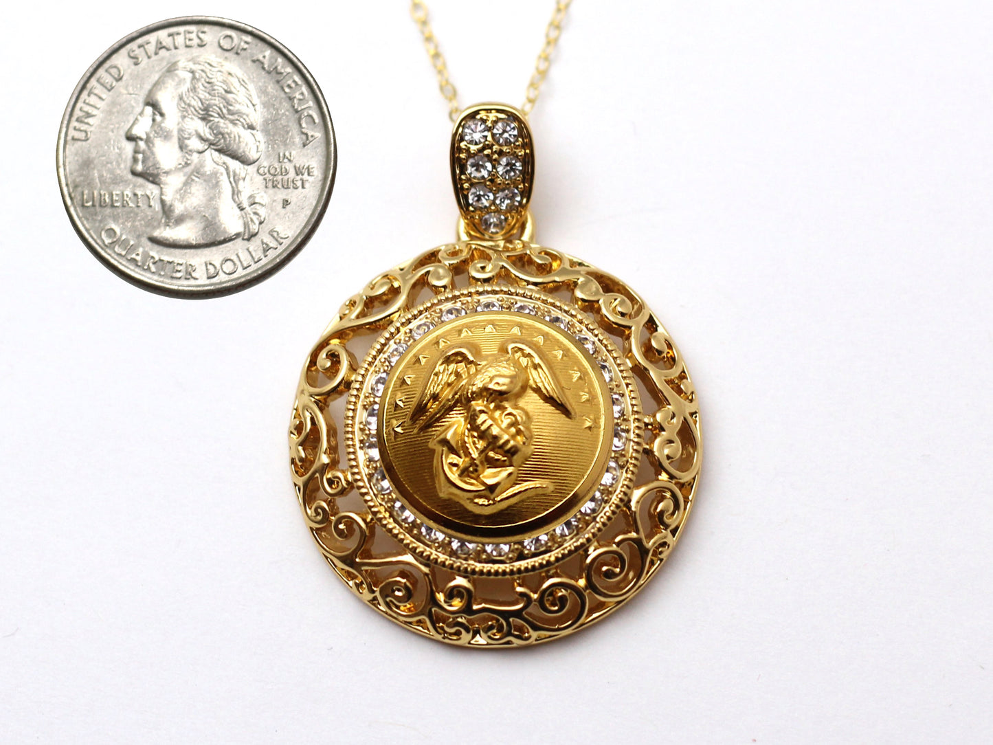 Marine Corps Button Necklace - Large Gold Rhinestone Pendant