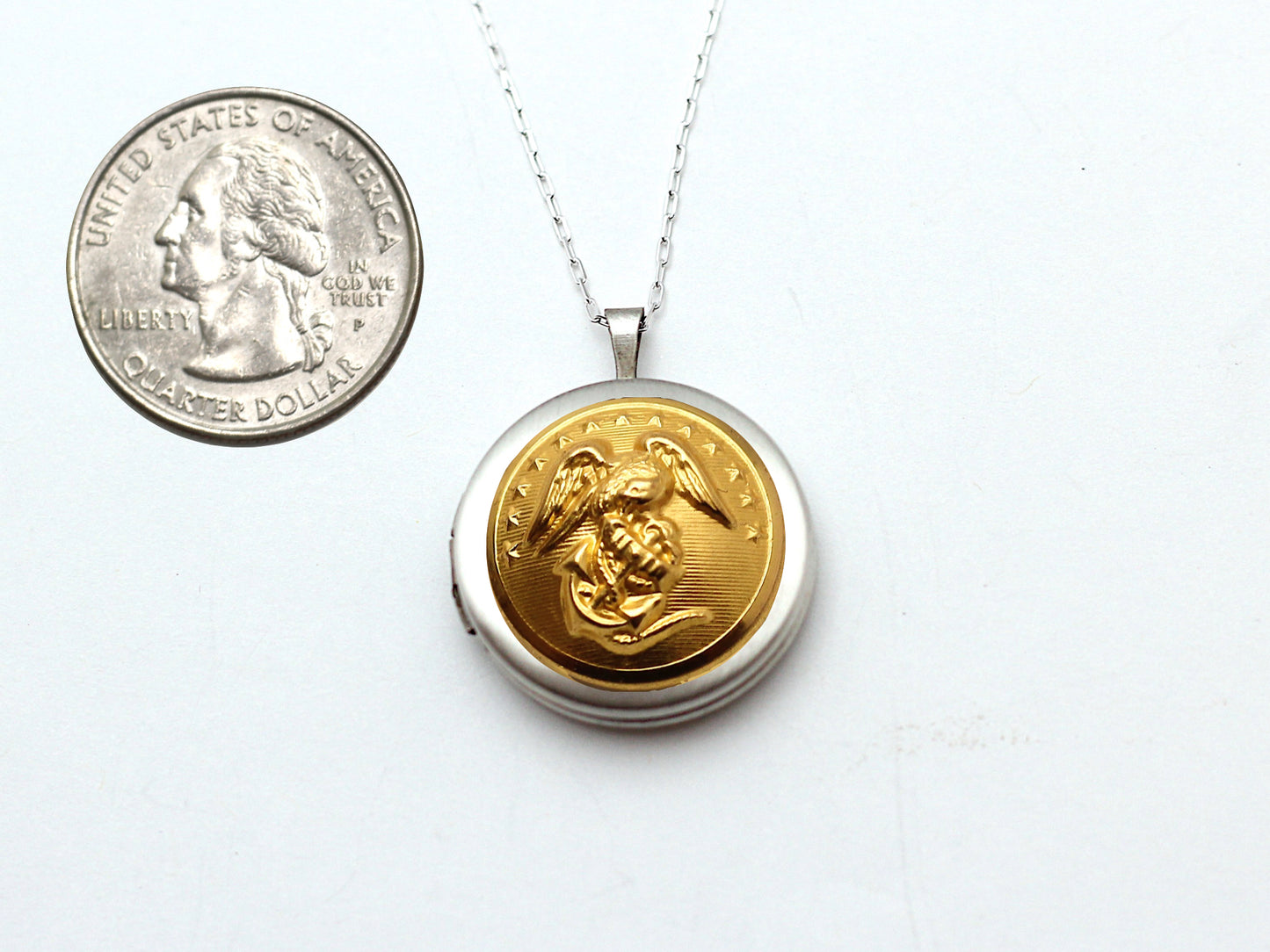 Marine Corps Button Silver Locket Necklace