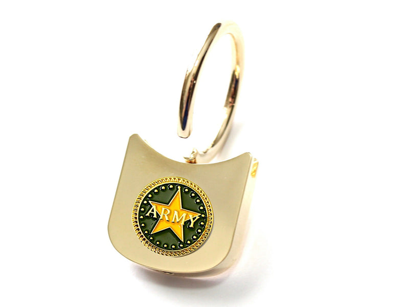 Gold keychain with green and gold Army insignia on white background
