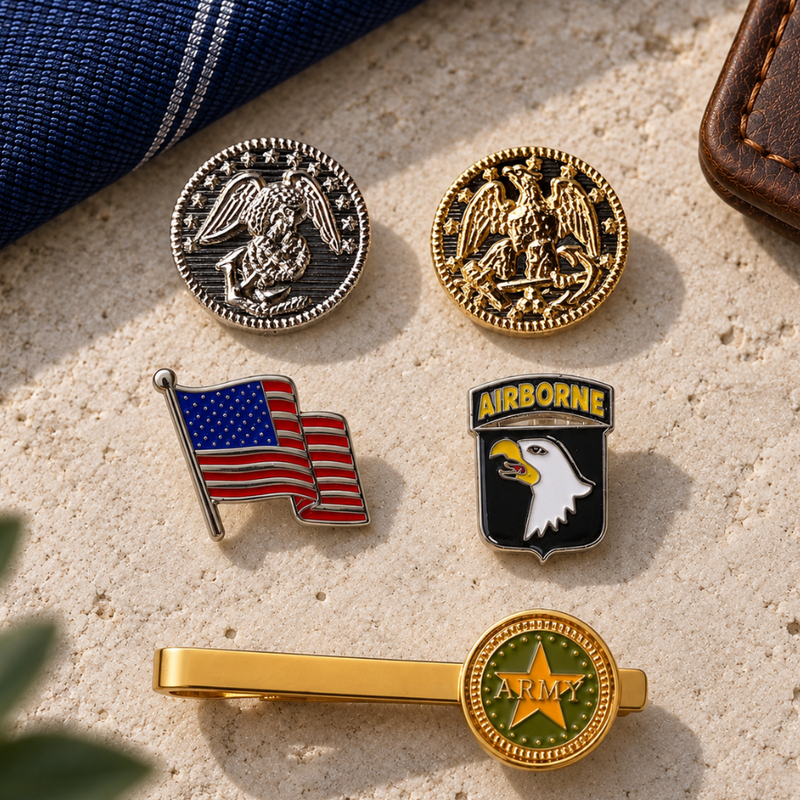 Gold Tie Clip with round green and gold Army insignia on a blue tie with green Army men