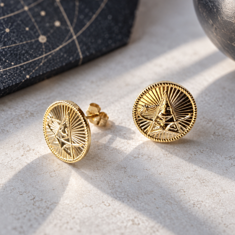 A pair of round gold-toned stud earrings with an engraved sunburst and geometric star design, displayed on a textured light surface with soft shadows.