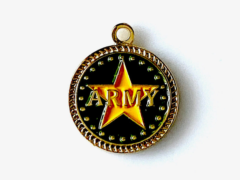 Gold and green round Army charm on white background