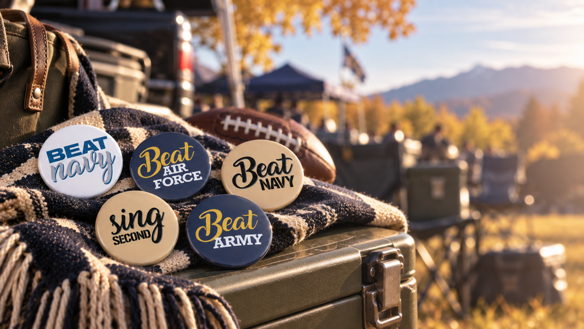 Six round pin-back buttons with military-themed slogans like 'Beat navy', 'Beat Air Force', 'Beat Army', and 'sing SECONDARY' are arranged on a dark plaid blanket over a green metal case outdoors, with a football and blurred mountains in the background.