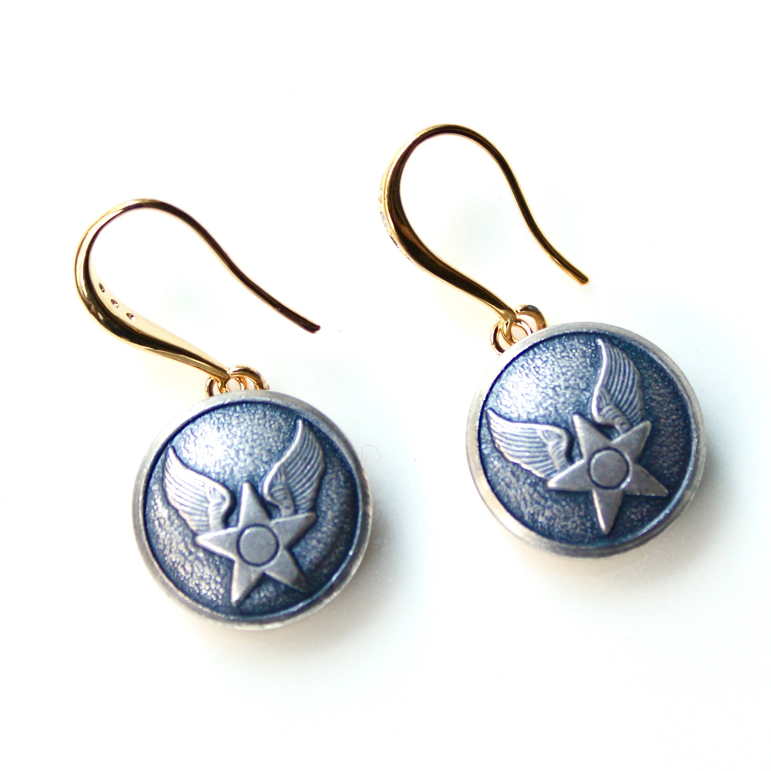 Limited Edition Air Force Button Rhinestone Bezel Gold Wire Earrings