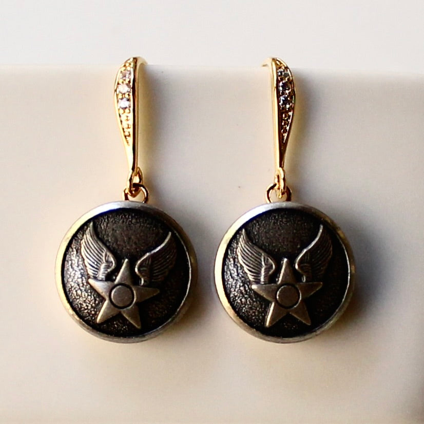 Limited Edition Air Force Button Rhinestone Bezel Gold Wire Earrings