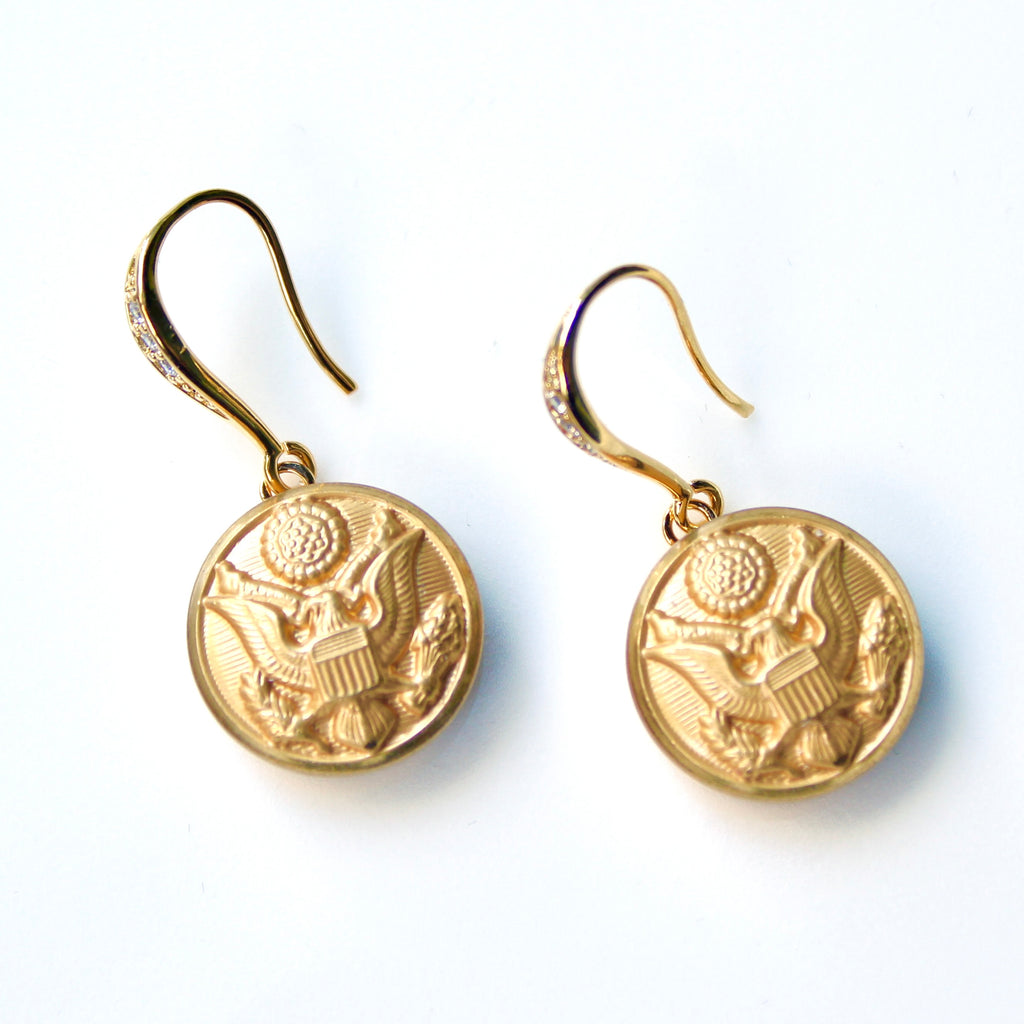 Limited Edition Army Button Rhinestone Bezel Gold Wire Earrings