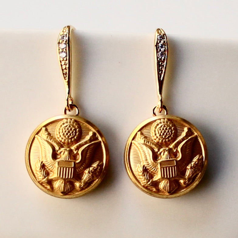 Limited Edition Army Button Rhinestone Bezel Gold Wire Earrings