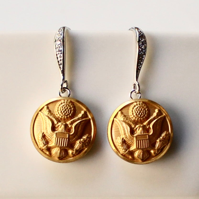 Limited Edition Army Button Rhinestone Bezel Silver Wire Earrings