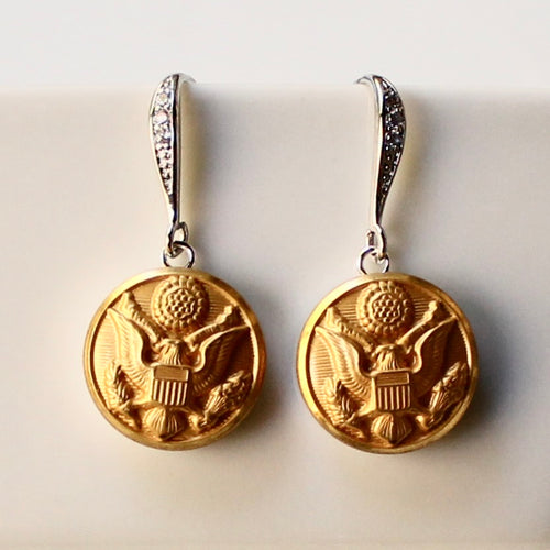 Limited Edition Army Button Rhinestone Bezel Silver Wire Earrings