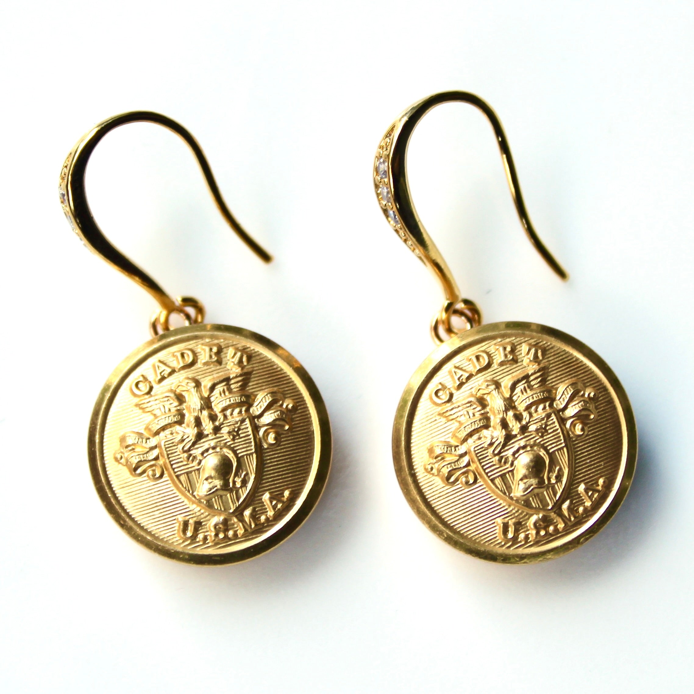 Limited Edition USMA Cadet Button Rhinestone Bezel Gold Wire Earrings