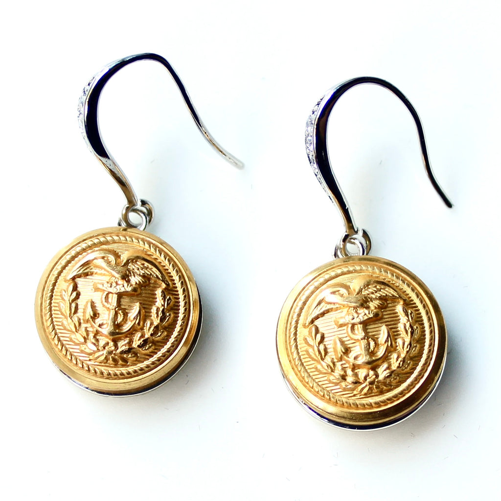 Limited Edition Coast Guard Button Rhinestone Bezel Silver Wire Earrings