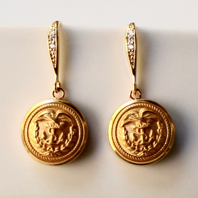 Limited Edition Coast Guard Button Rhinestone Bezel Gold Wire Earrings