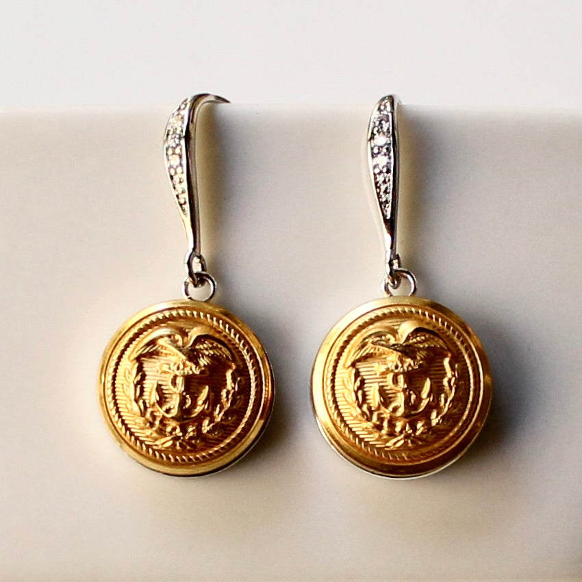 Limited Edition Coast Guard Button Rhinestone Bezel Silver Wire Earrings