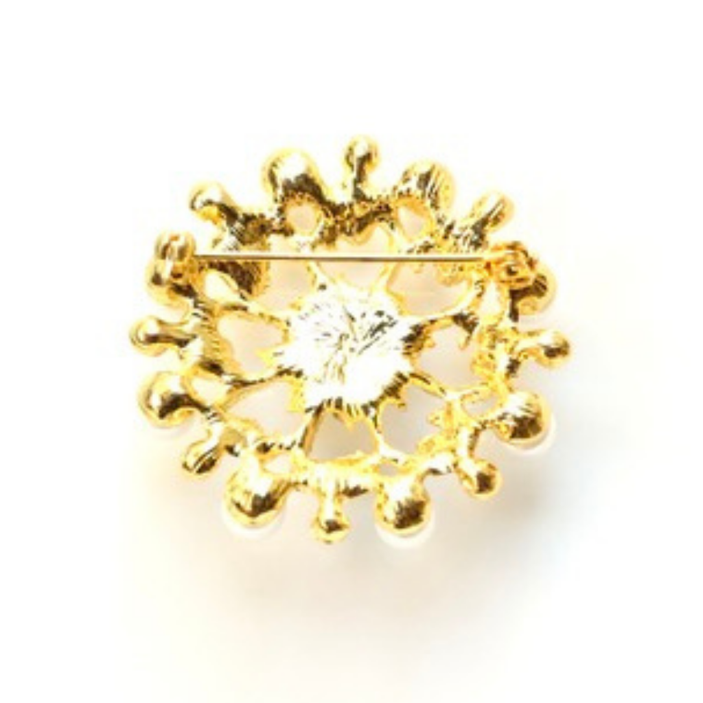 Gold brooch with a central gemstone on a white background