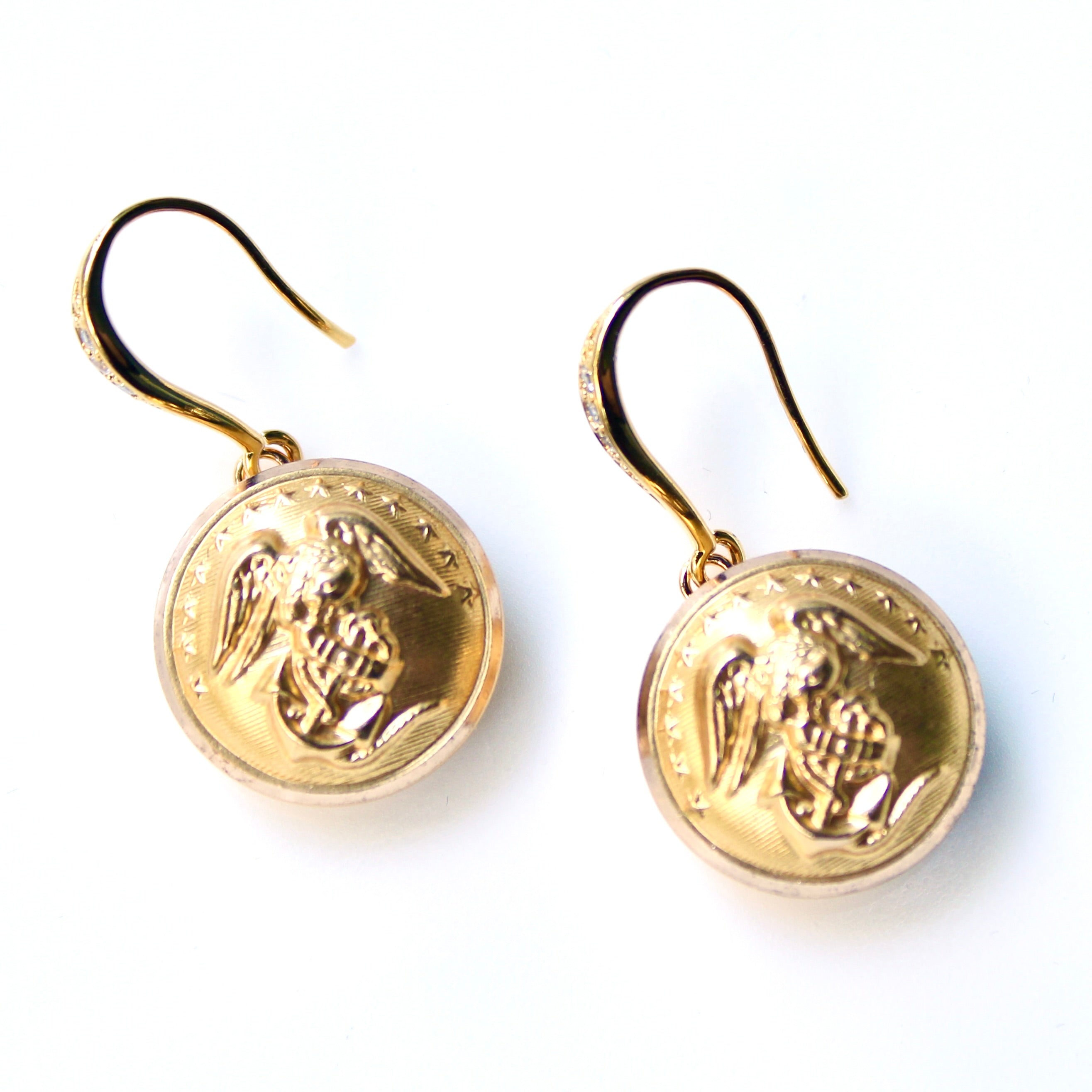 Limited Edition Marines Button Rhinestone Bezel Gold Wire Earrings