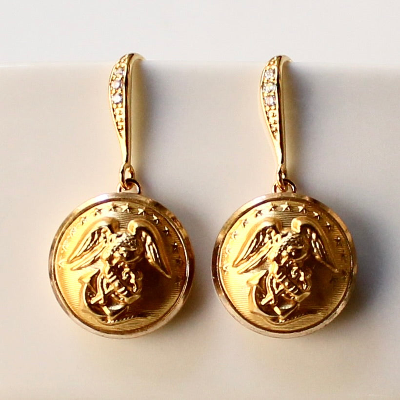 Limited Edition Marines Button Rhinestone Bezel Gold Wire Earrings