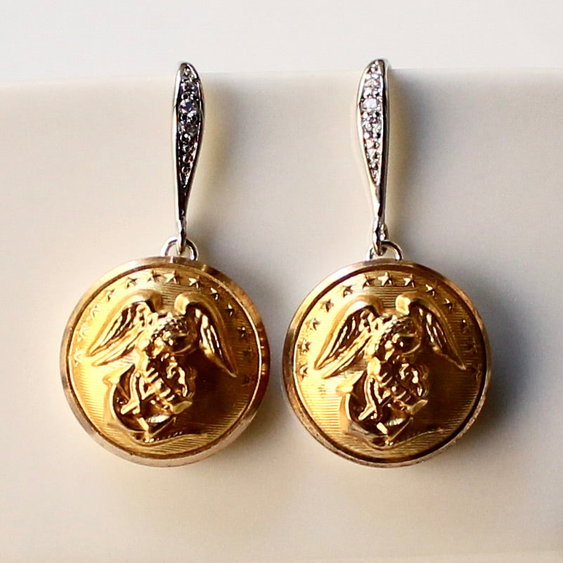 Limited Edition Marines Button Rhinestone Bezel Silver Wire Earrings