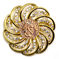 Gold brooch with gemstones and Marines inspired centerpiece on a white background
