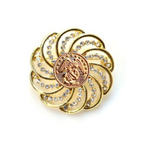 Gold brooch with gemstones and Marines inspired centerpiece on a white background