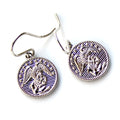 Silver angel-themed earrings on a white background
