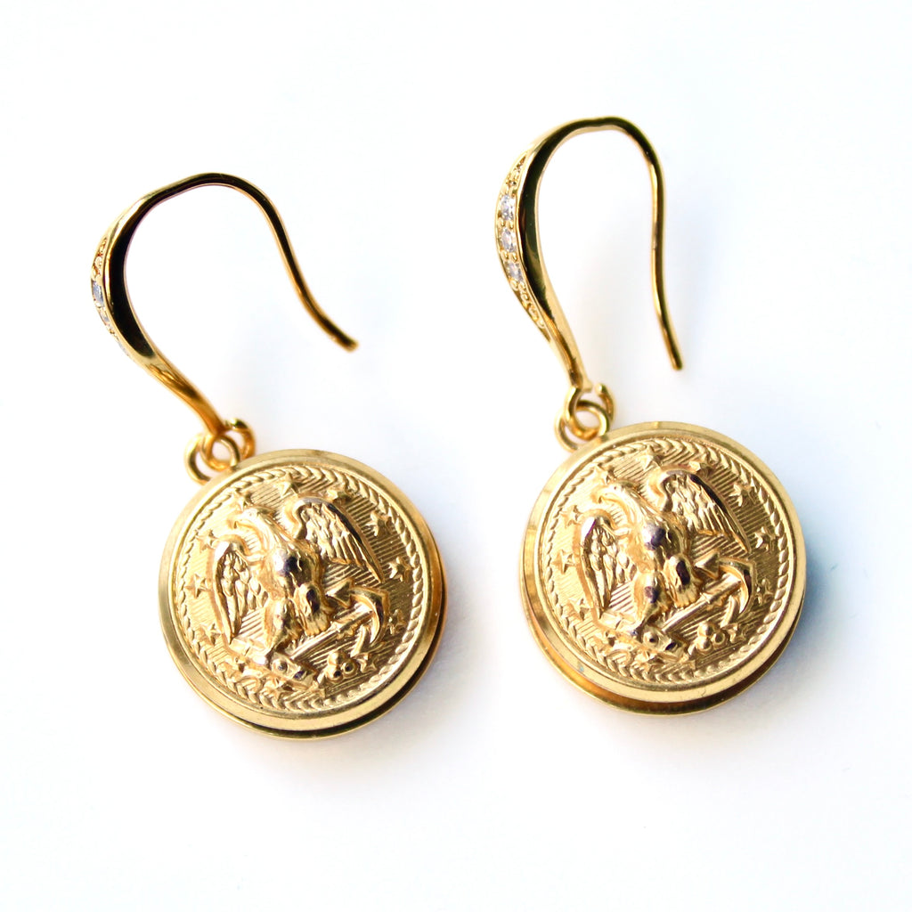Limited Edition Navy Button Rhinestone Bezel Gold Wire Earrings