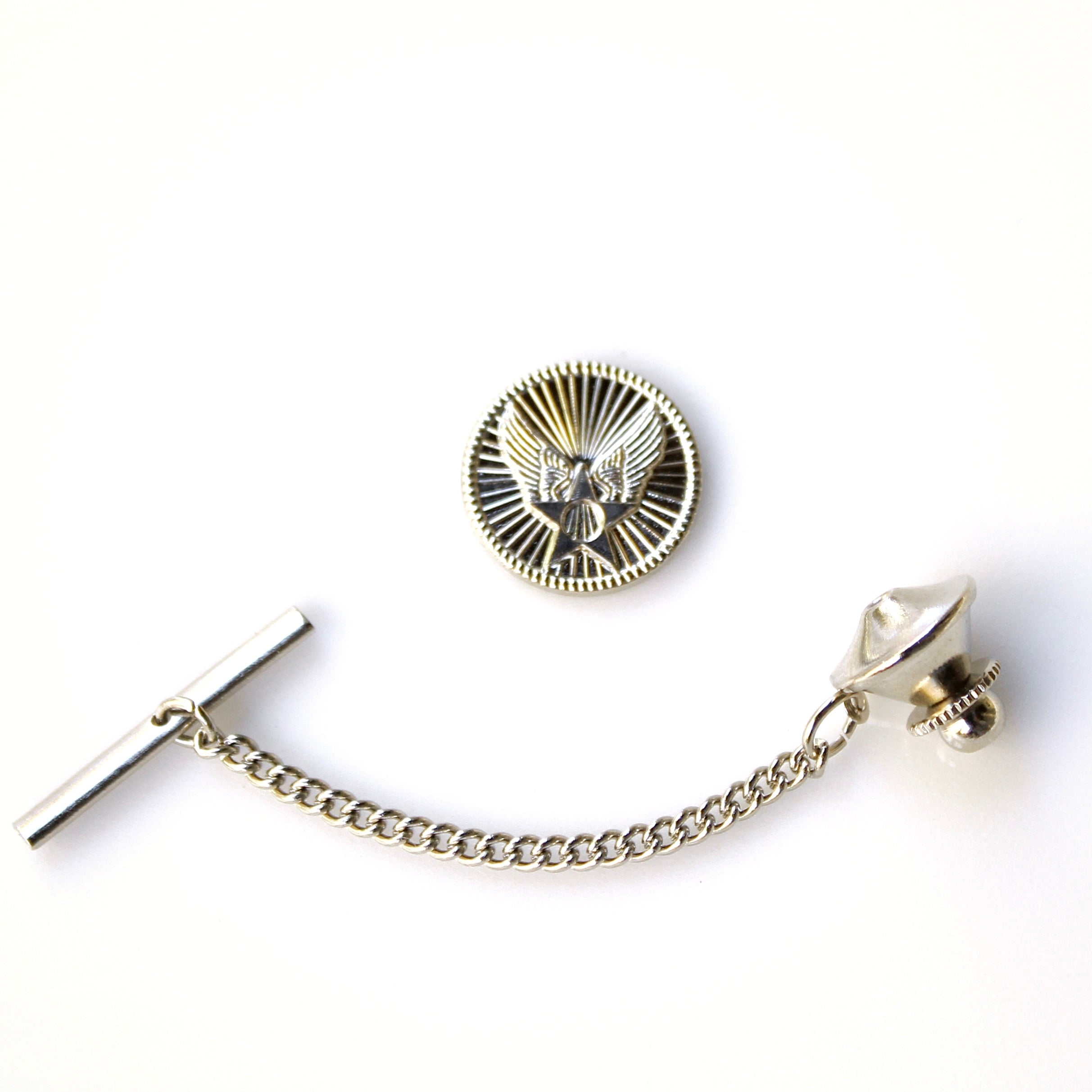 Silver tie pin with chain on a white background