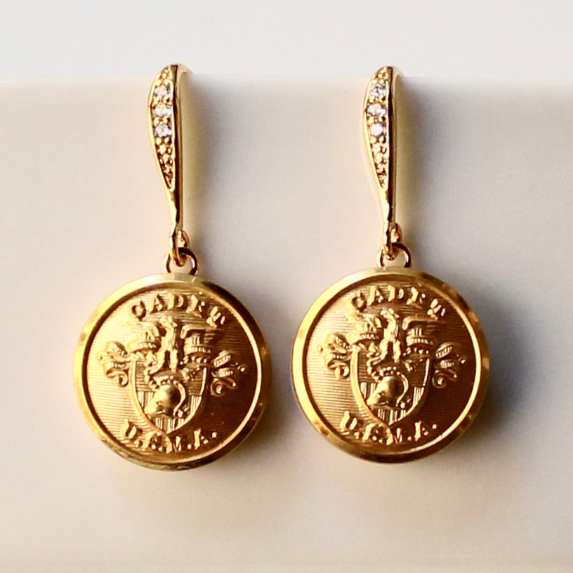 Limited Edition USMA Cadet Button Rhinestone Bezel Gold Wire Earrings