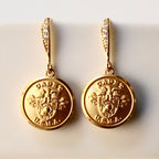 Limited Edition USMA Cadet Button Rhinestone Bezel Gold Wire Earrings
