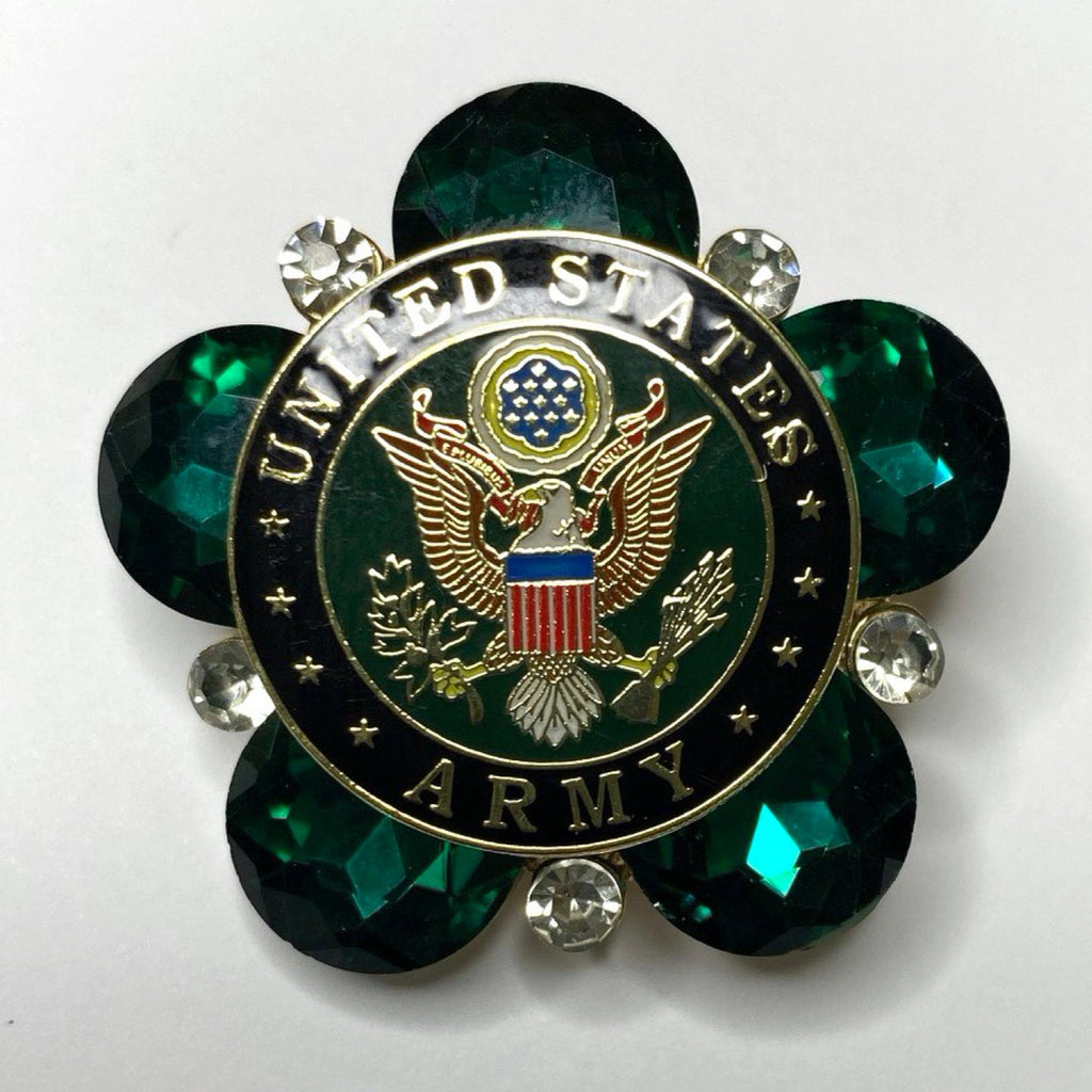 A U.S. Army themed brooch with a green and silver color scheme, featuring the United States Army emblem.