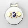 A gold-colored golf hat clip with a blue and yellow Chemical Corps branch insignia on a circular white background.