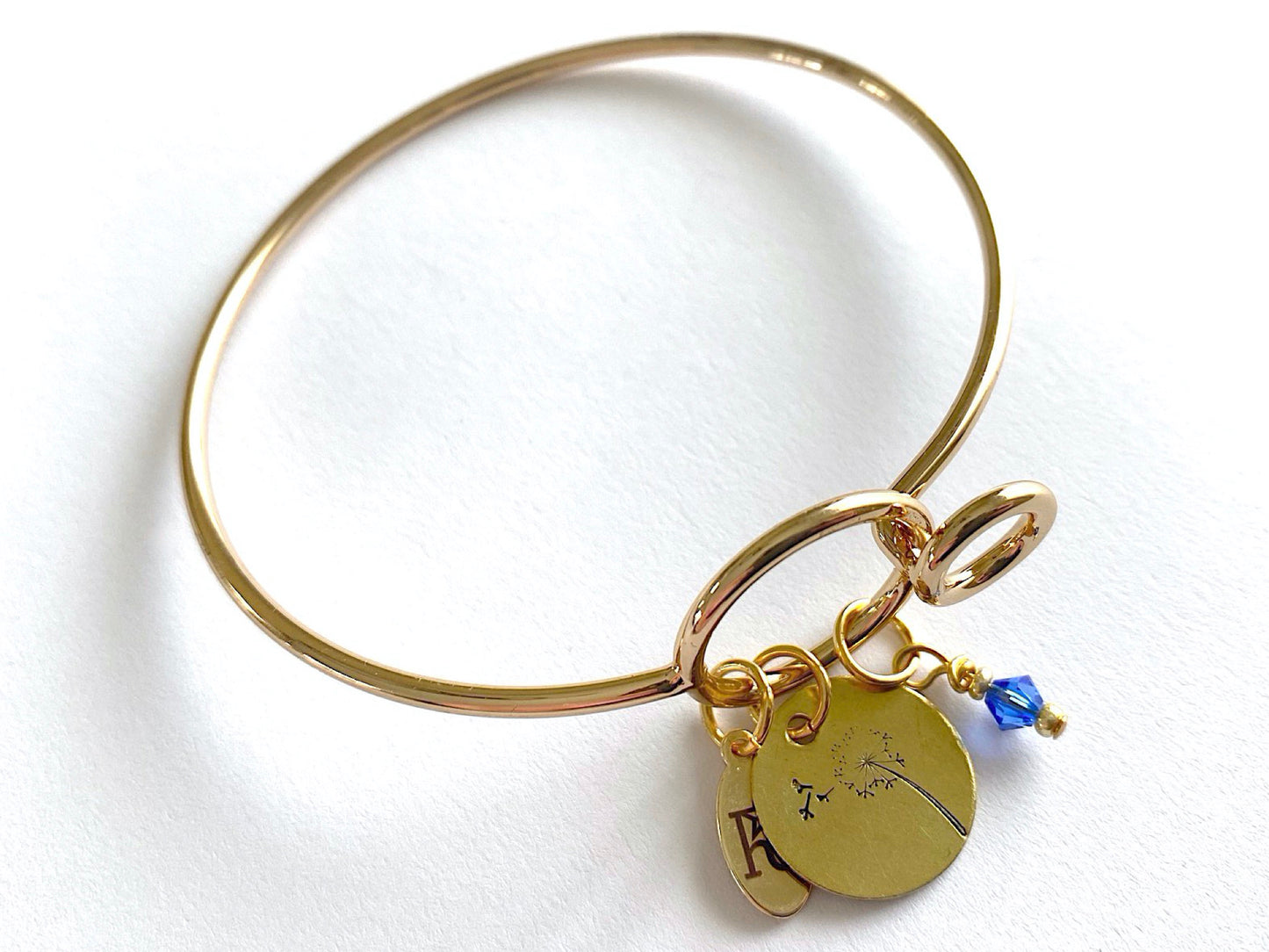 Dandelion Gold Bangle Bracelet with Custom Name
