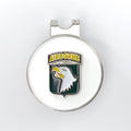 A golf hat clip featuring the 101st Airborne Division insignia with an eagle motif, primarily in green, yellow, and black colors.