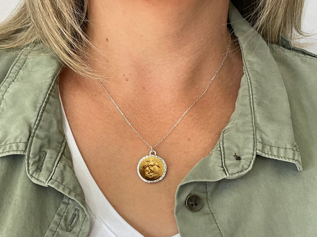 Marine Corps Button Necklace - Small Rhinestone Silver Pendant