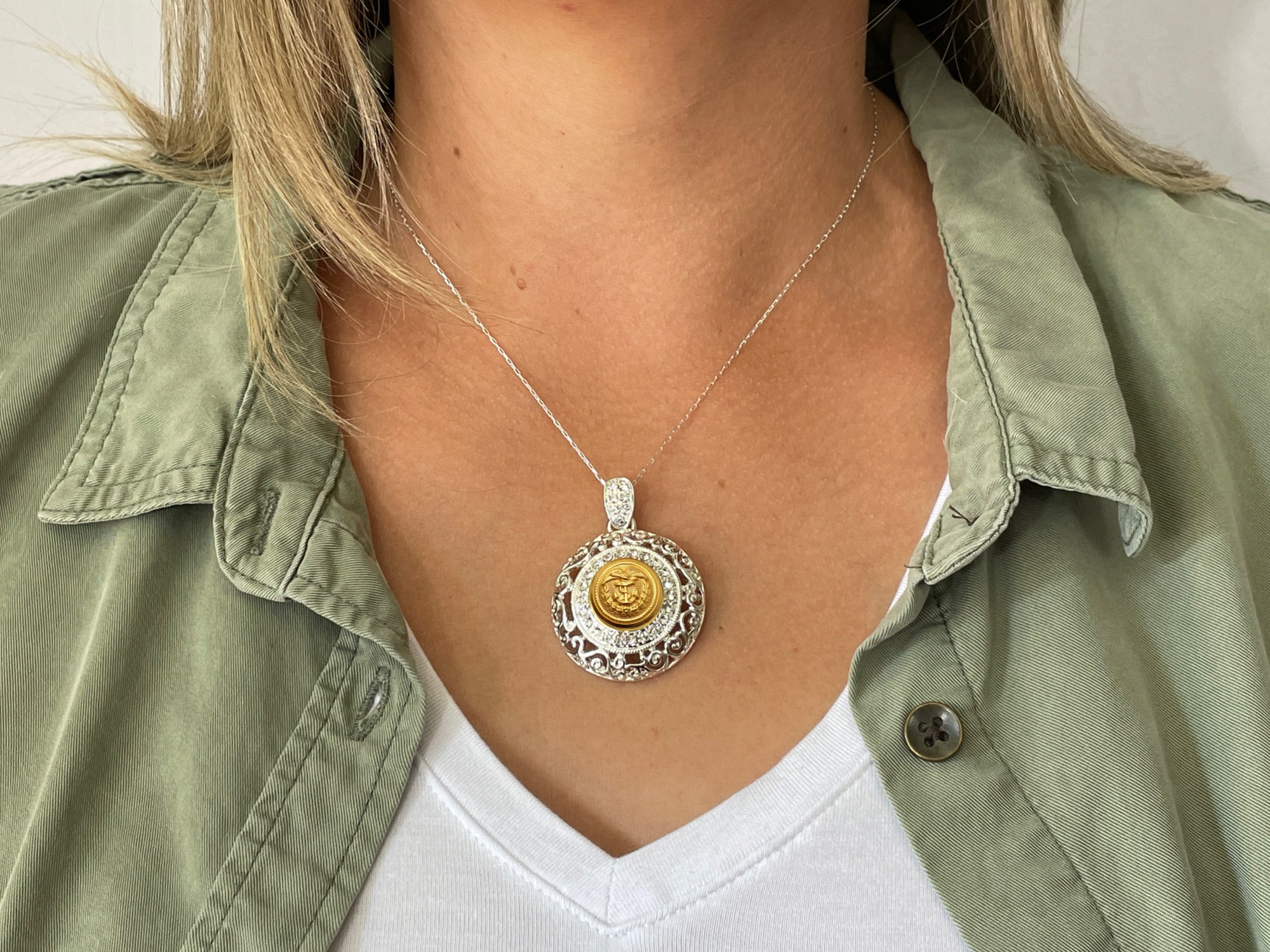 Coast Guard Button Necklace - Large Silver Rhinestone Pendant